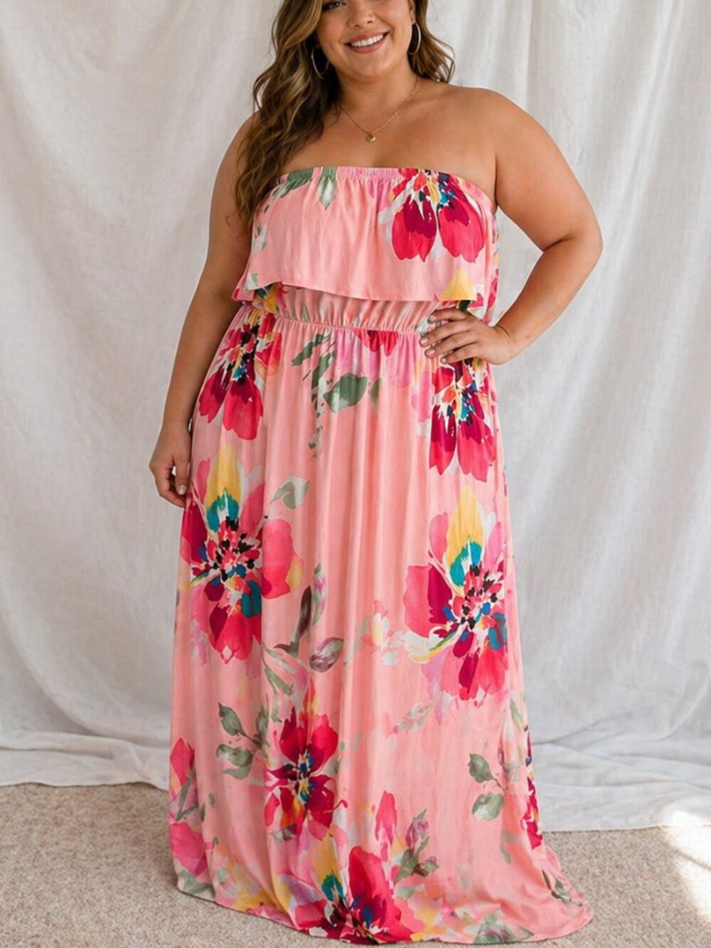 Maxi Dress 1X Pink Flounce Tube Long Strapless Floral Pull On Plus Size Boho New
